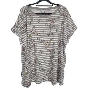 LuLaRoe T Shirt 2XL Womens Plus Size Floral Grey White Striped Pullover Top